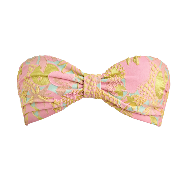 A pink strapless bandeau top featuring a textured, patterned fabric with gold, mint green, and light blue details, presented on a solid white background.