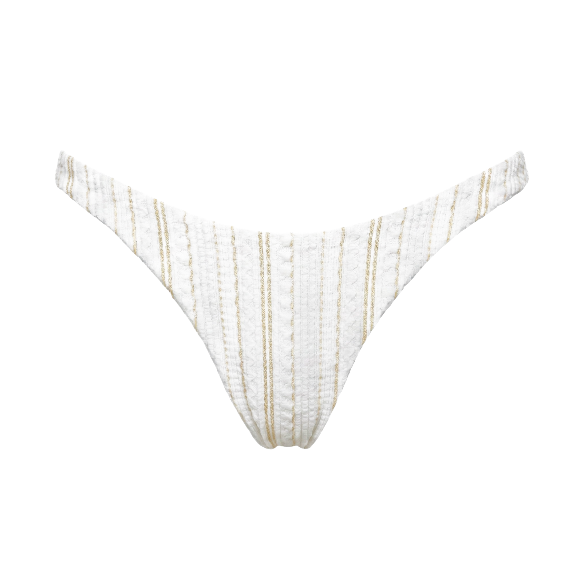 White ribbed knit bikini bottom with thin vertical gold stripes, shown against a plain white background.