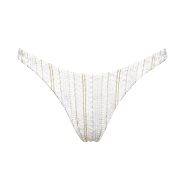White ribbed knit bikini bottom with thin vertical gold stripes, shown against a plain white background.