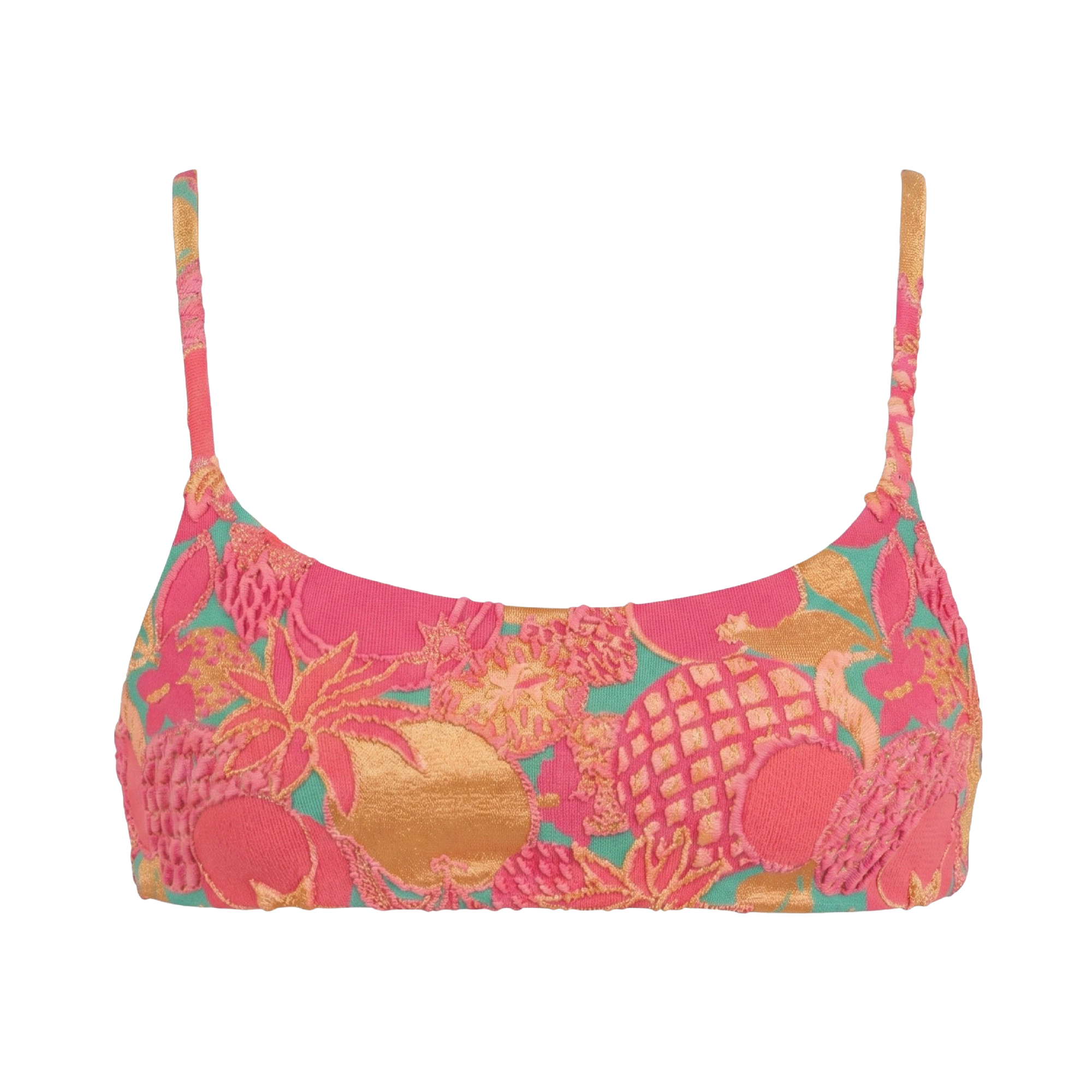 Pink Jacquard Bralette Bikini Top with Pinks, Gold, and Green