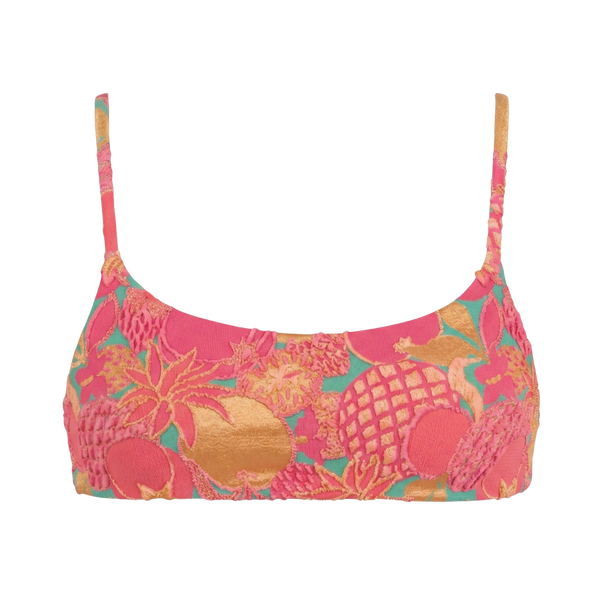 Pink Jacquard Bralette Bikini Top with Pinks, Gold, and Green