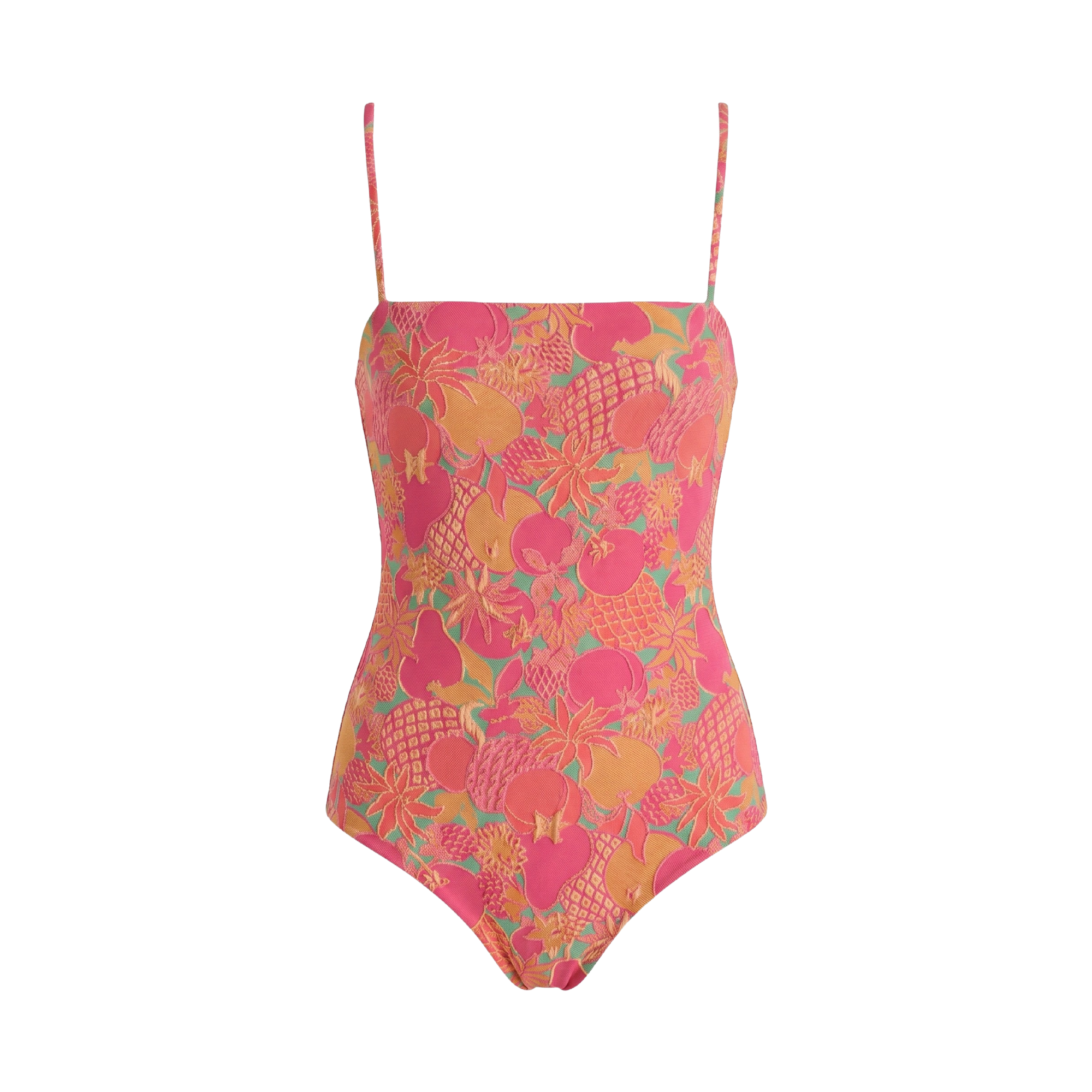 A one-piece swimsuit with thin shoulder straps, featuring a vibrant fruit print in shades of pink, orange, yellow, and green on a white background.