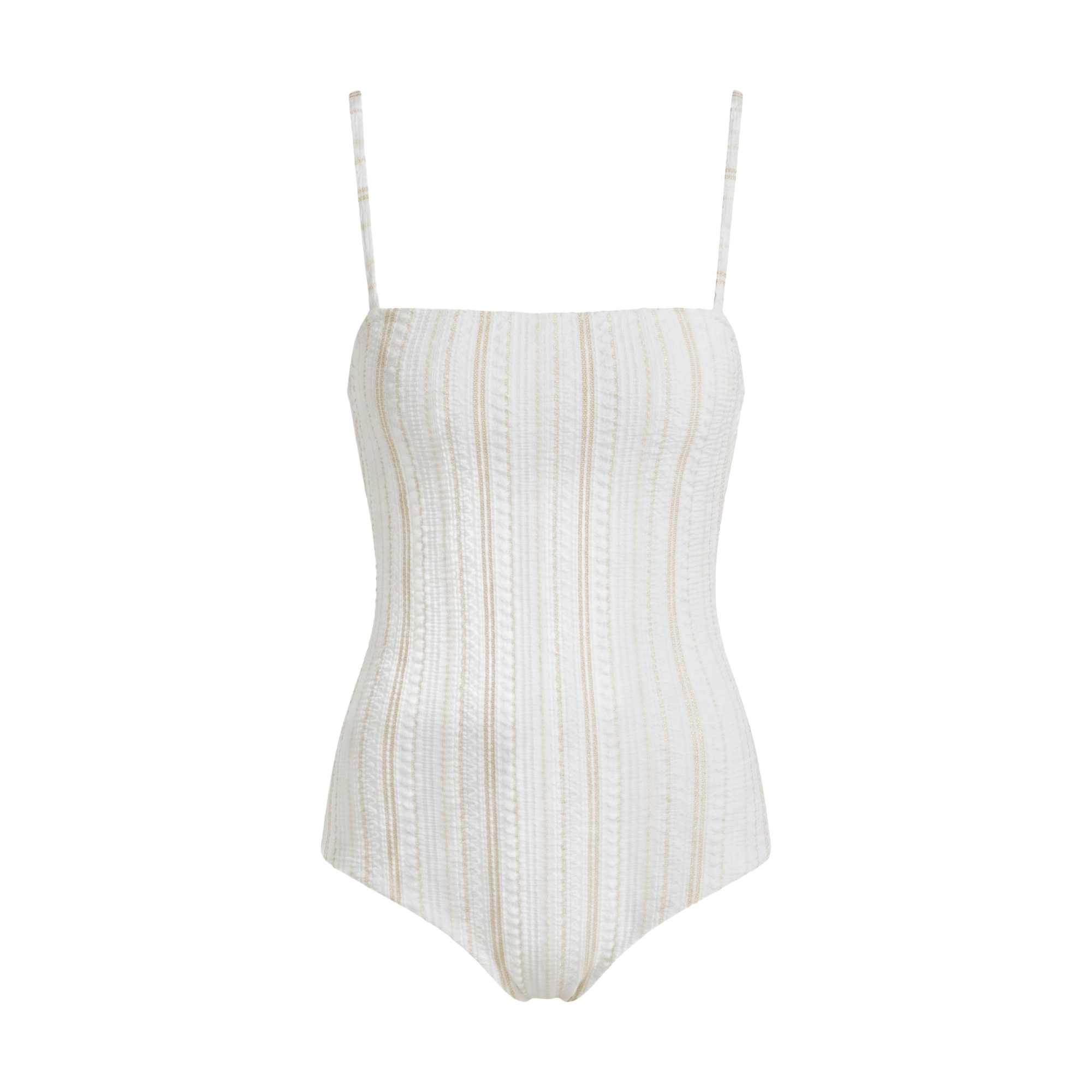 A white one-piece swimsuit with a textured vertical stripe pattern in beige and white, featuring thin adjustable shoulder straps, shown against a plain white background.