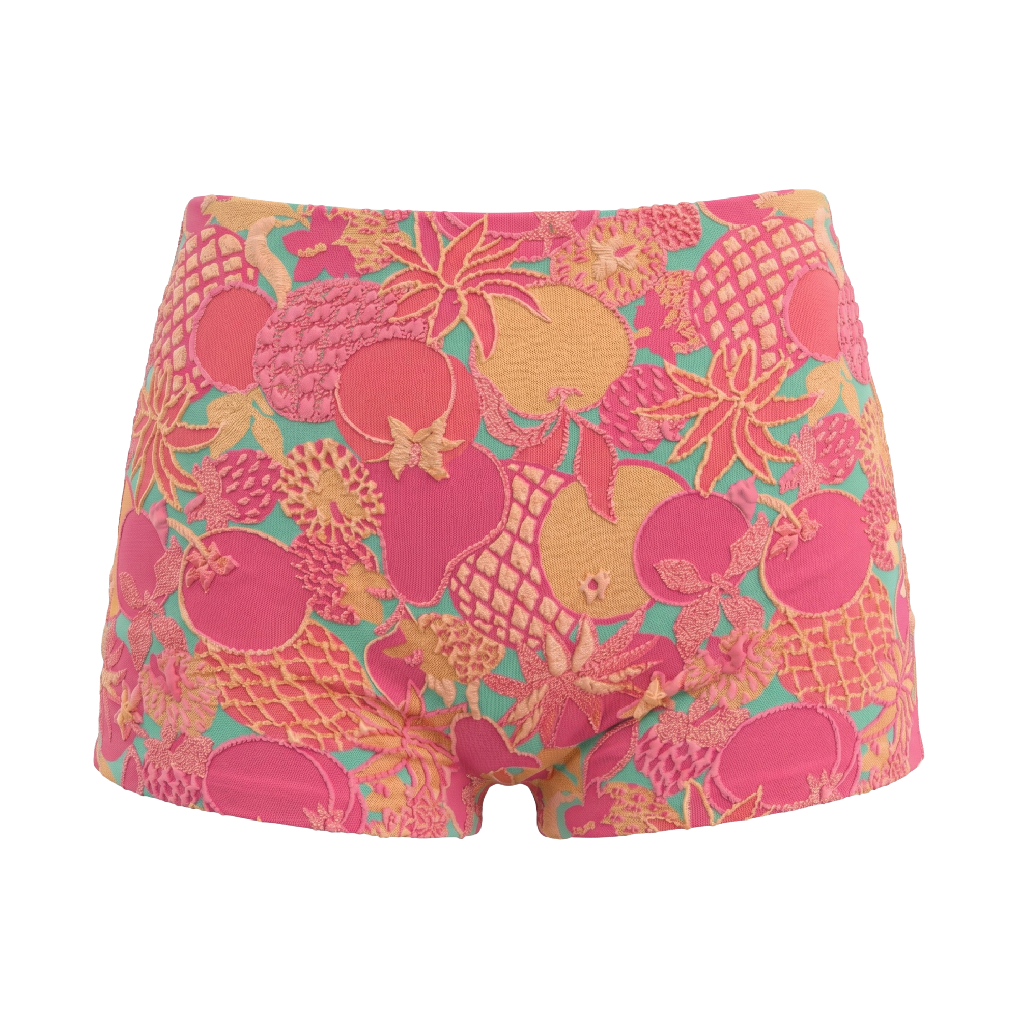 Pink Jacquard Swimwear Shorts with Gold, Pinks, and Green 