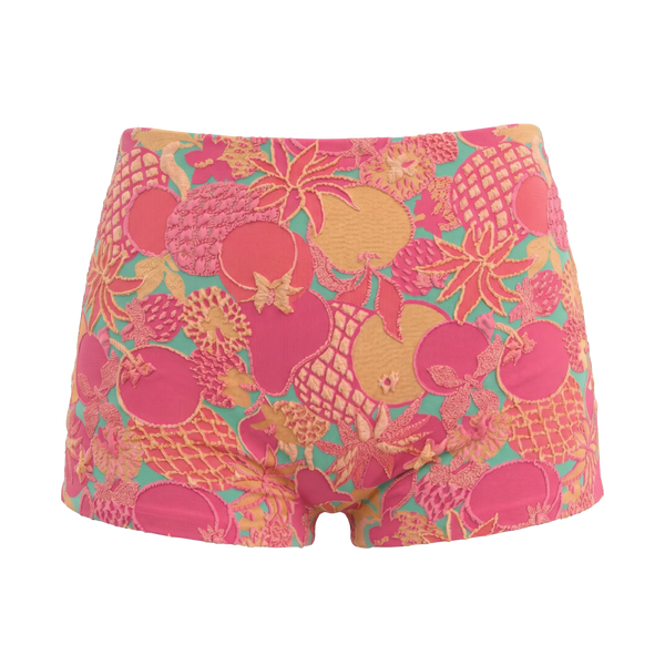 Pink Jacquard Swimwear Shorts with Gold, Pinks, and Green 