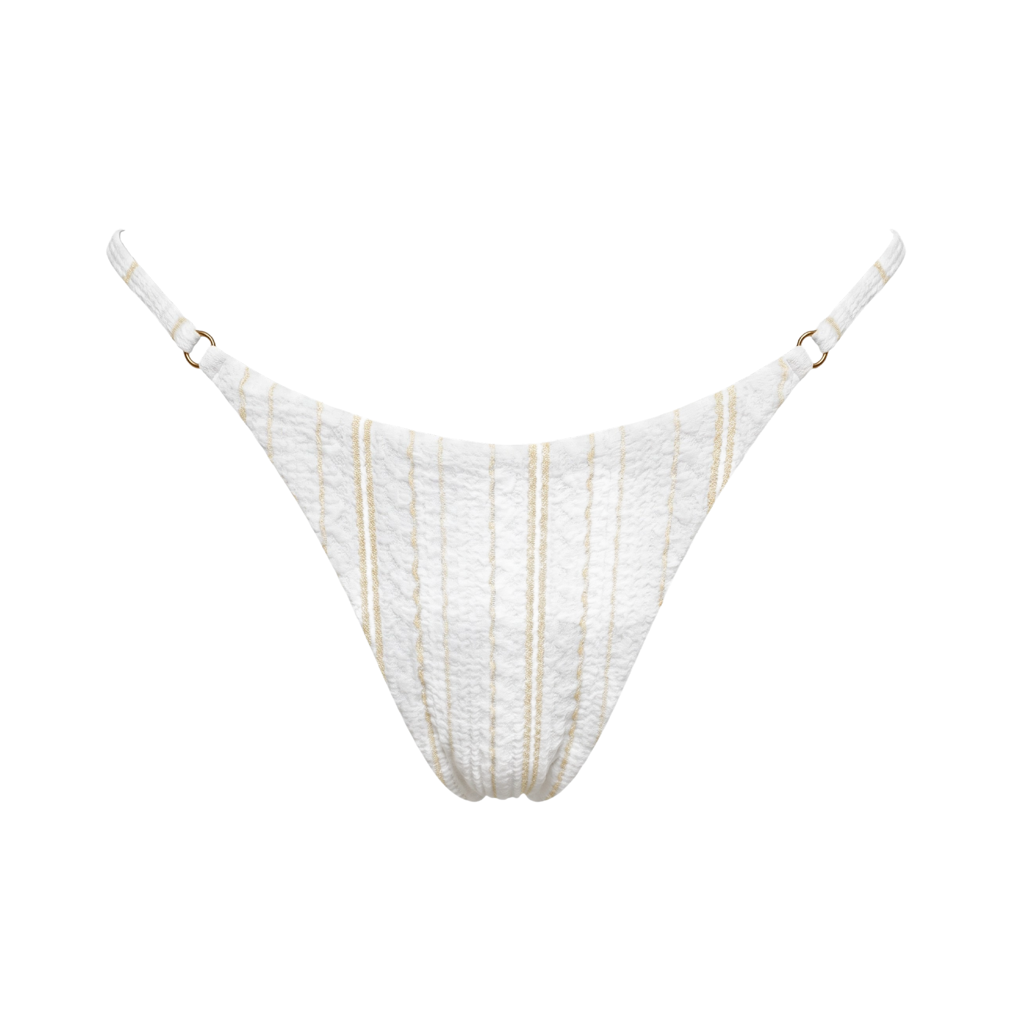 White striped thin strap bikini bottom with gold ring details