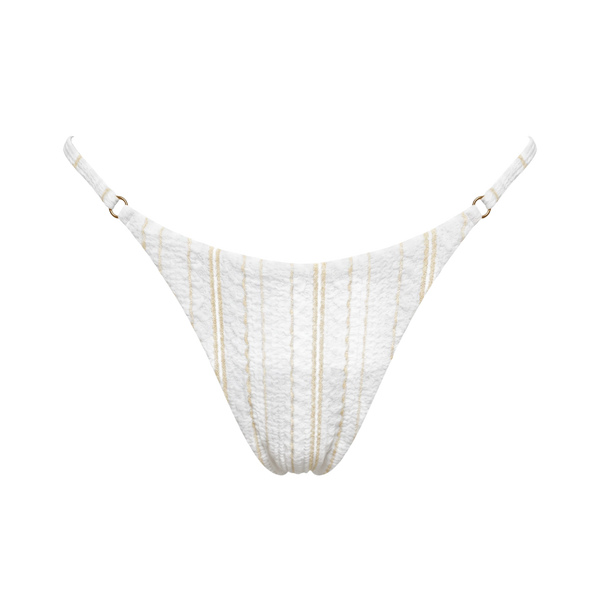 White striped thin strap bikini bottom with gold ring details
