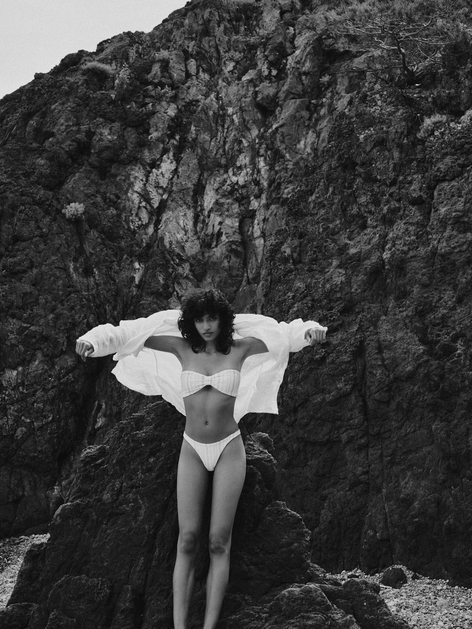 White bikini in black and white campaign shoot