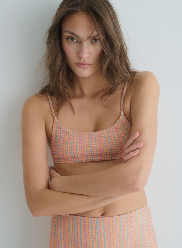 orange, multi color bikini top swimsuit in jacquard fabric, with thin straps, full coverage, front view