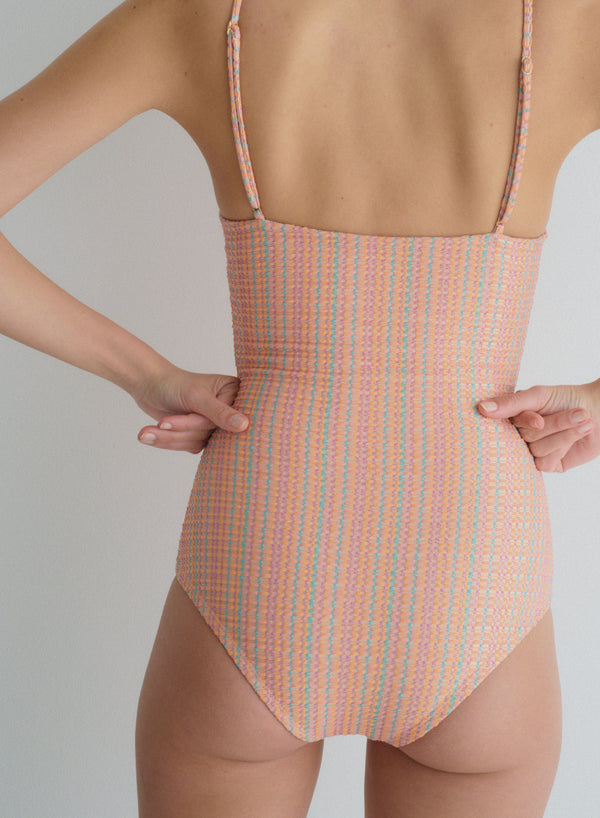 orange, multi color one-piece swimsuit with thin, adjustable shoulder straps in jacquard fabric,  full coverage, back view