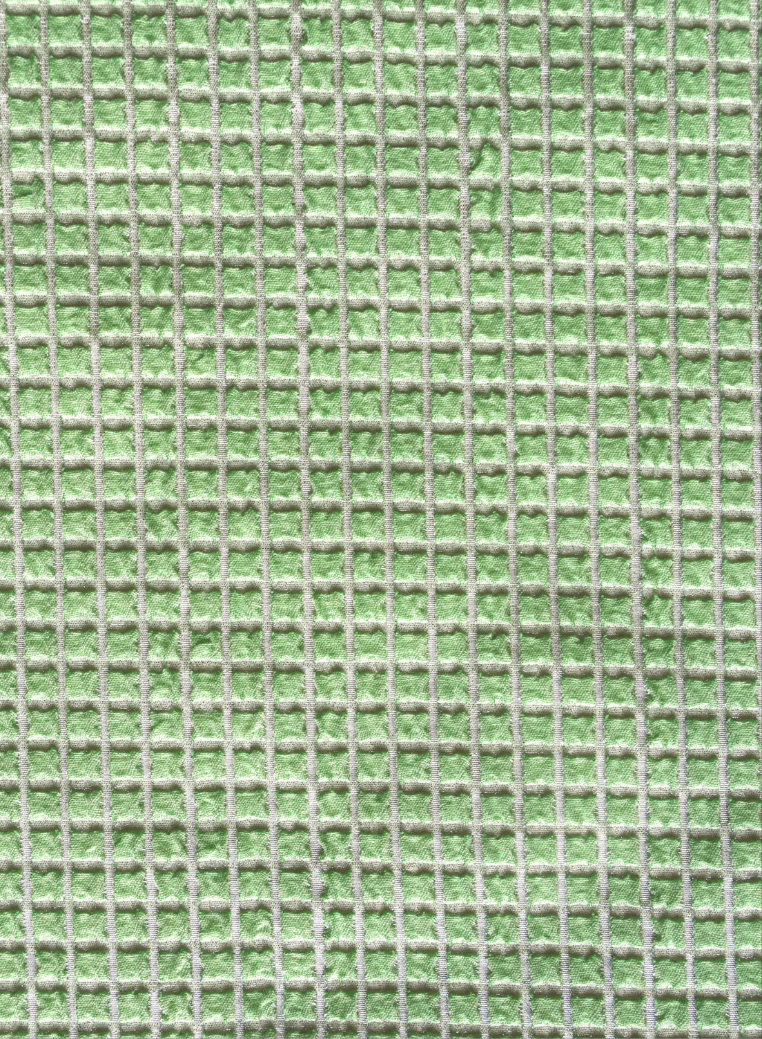close up of green with white checked jacquard swimsuit fabric texture